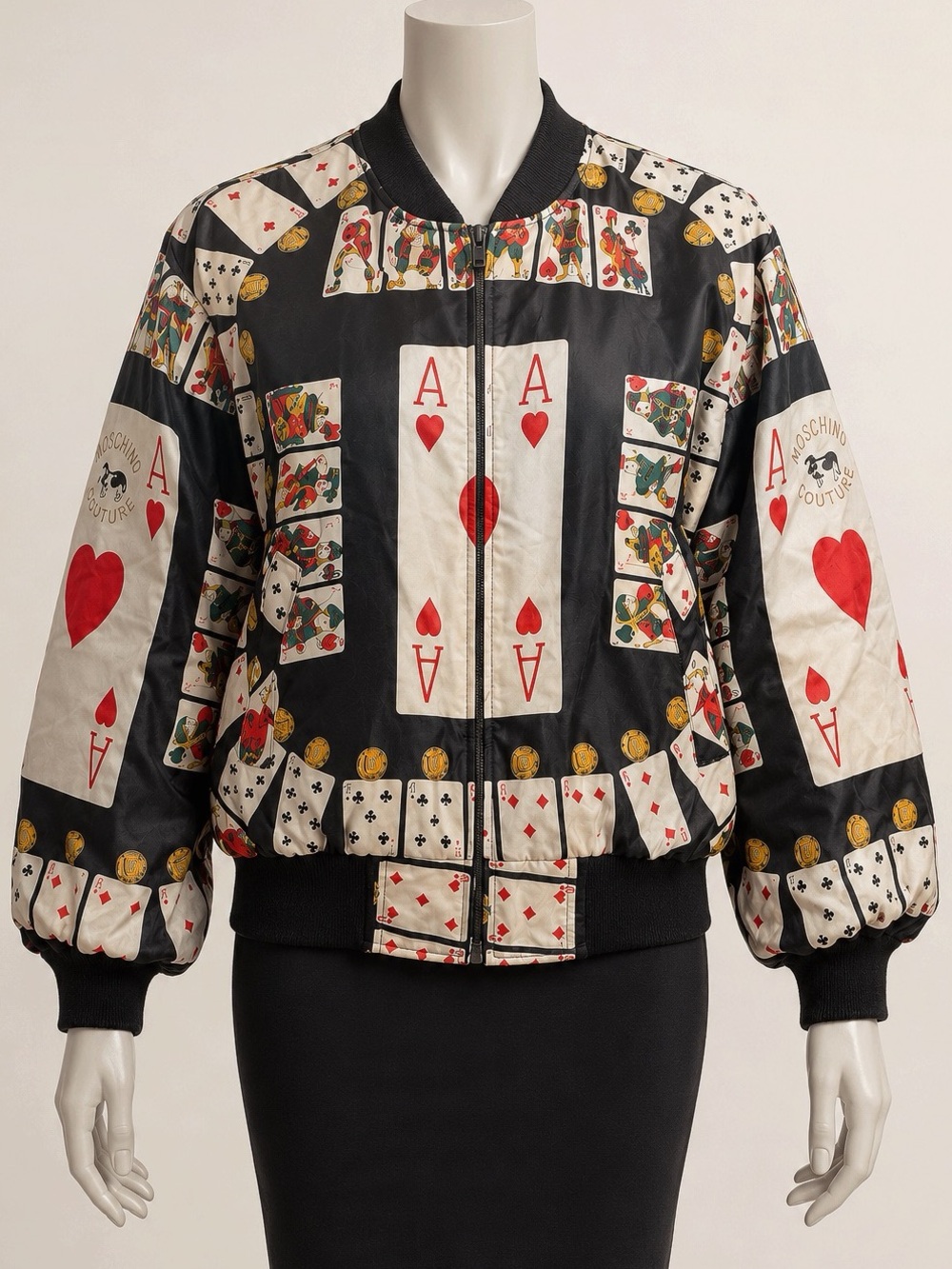 VINTAGE MOSCHINO COUTURE Satin Ace of Hearts Casino Playing Card Bomber Jacket